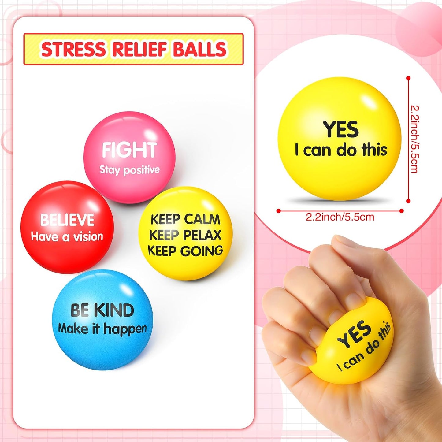 Liliful 100 Pcs Motivational Stress Balls Bulk Inspirational Squeeze Balls for Adults Anxiety Relief Fidget Toys Office Employee Gifts Classroom Rewards 2.2 Inch (Bright Colors)