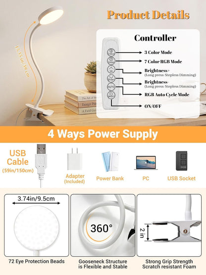 Clip on Light,10 RGB Colors+10 Brightness Small Desk Lamp with Clamp Light