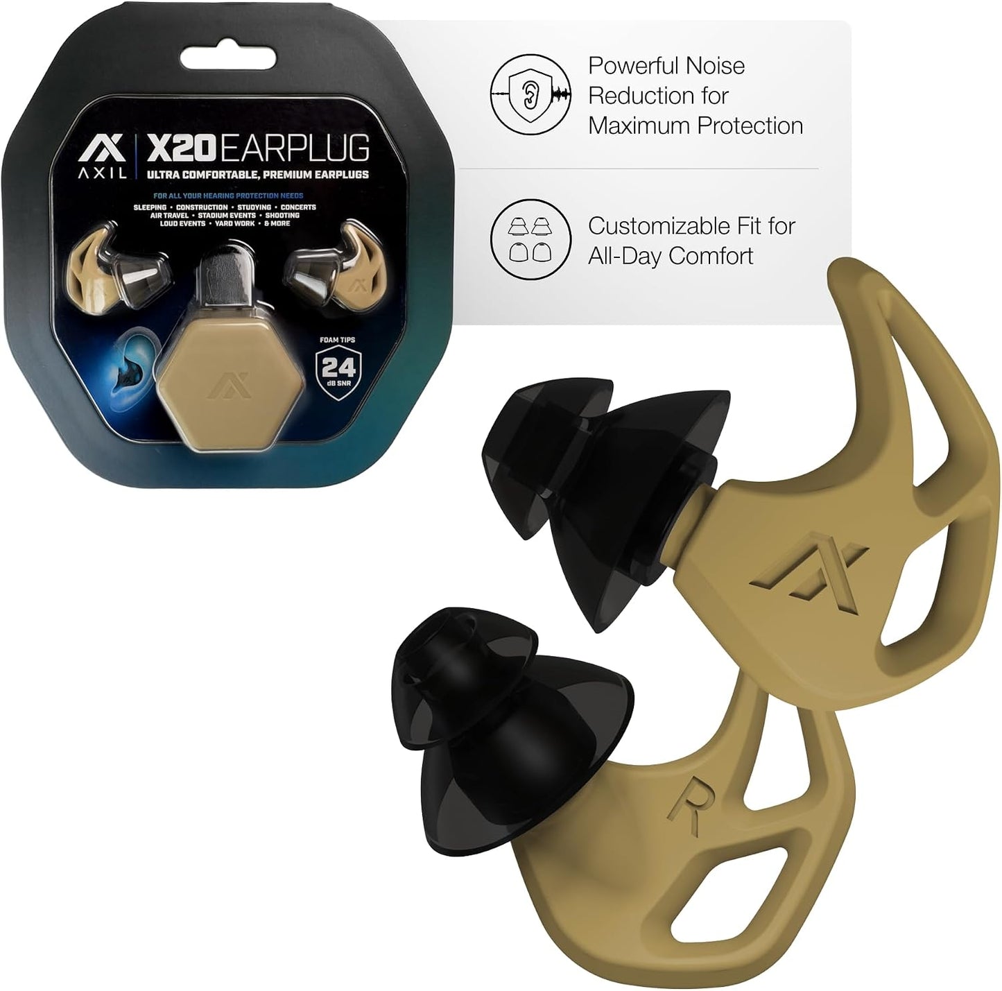 AXIL X20 Noise Reduction Ear Plugs - Pink - Customizable Fit Hearing Protection for Sleeping, Festivals, Live Events and Sports – 24dB Reusable Foam and Silicone Eartips with Carrying Case