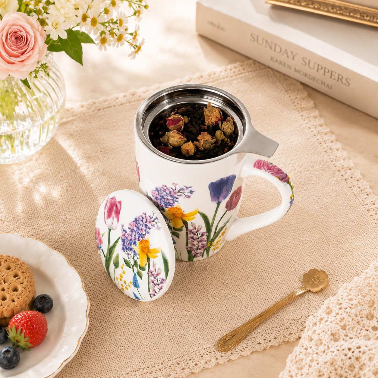 GBhome Tea Mug with Infuser and Lid, 18 Ounce Large Ceramic Loose Leaf Cup, Microwave, Dishwasher Safe, Perfect for Tea Lovers