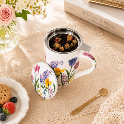 GBhome Tea Mug with Infuser and Lid, 18 Ounce Large Ceramic Loose Leaf Cup, Microwave, Dishwasher Safe, Perfect for Tea Lovers