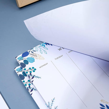 Weekly Planner Notepad Tear Off Set of 2 Weekly Calendar Pad 52 Undated To Do List Notepad Sheets Desk Planner Planning Pads Productivity Tracker for Work Goals Notes Schedule Ideas, Floral Blue