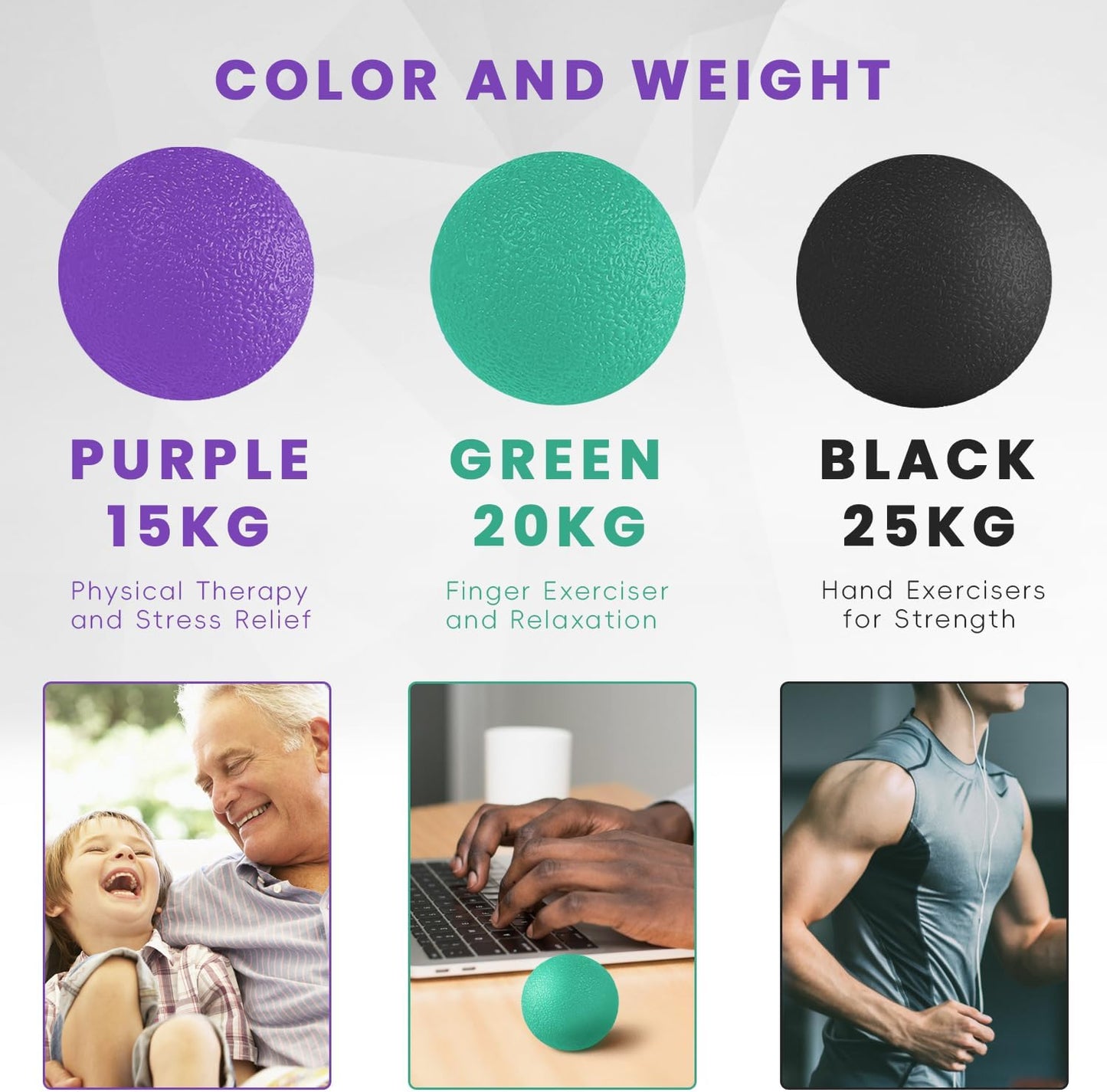 3 Pack Stress Balls for Adults, Hand Strengthening Devices Exercise Balls Physical Therapy Ball, Squeeze Balls for Hand Therapy, Hand Exerciser for Hand Finger Forearm Wrist Training and Relax