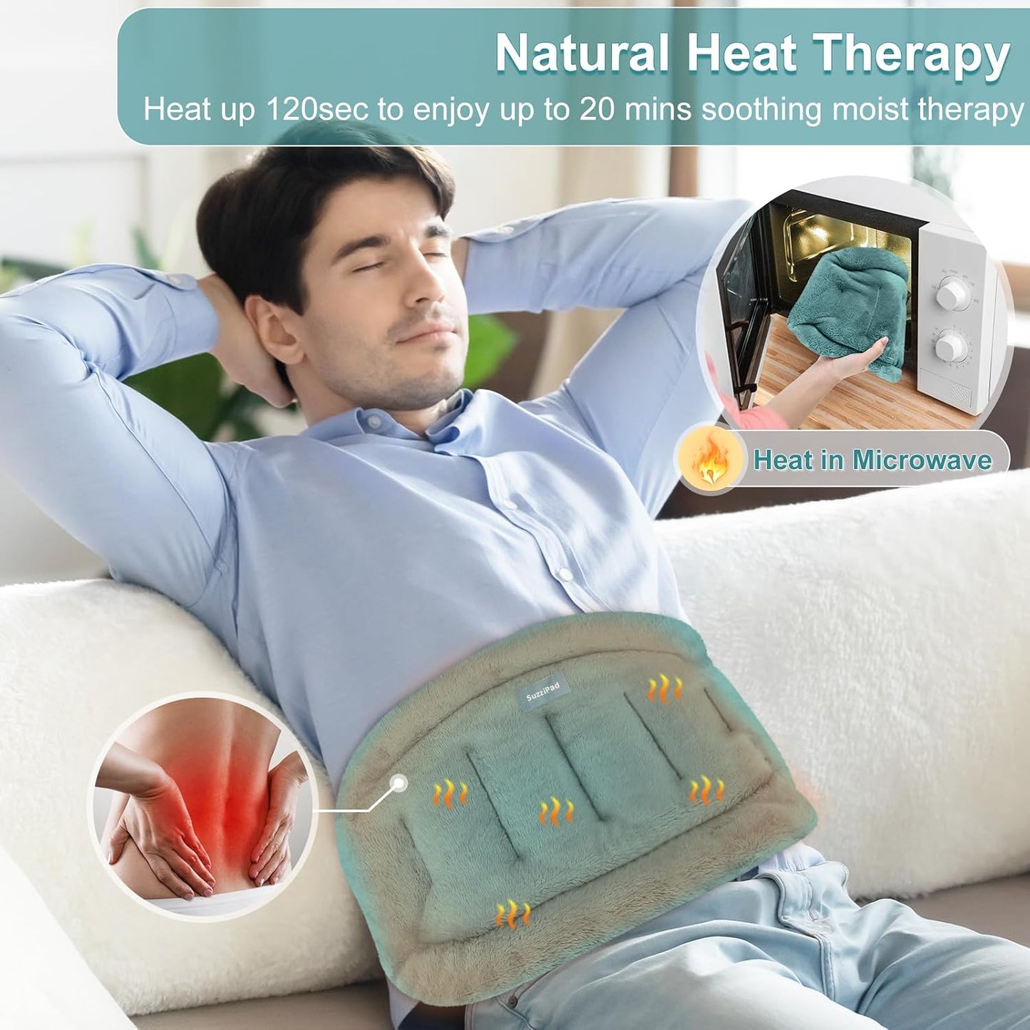 SuzziPad Microwave Heating Pad for Back and Lumbar Discomfort, Microwavable Heating Pads with Moist Heat, Hands-Free Heat Wraps for Back, Stomach and Neck, Warm Compress for Daily Relaxation