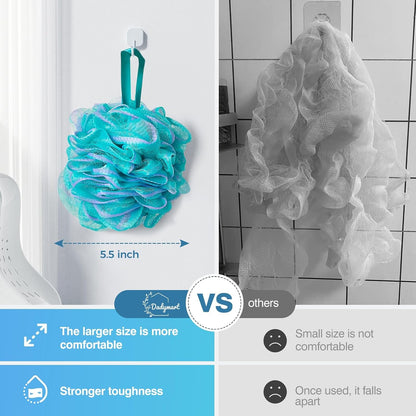 DadyMart Shower Loofah Sponge Pouf – XL Exfoliating Bath Puff Body Scrubber, Soft Mesh Shower Sponge with Reinforced Knot, Rich Lather, Set of 4 for Women and Men