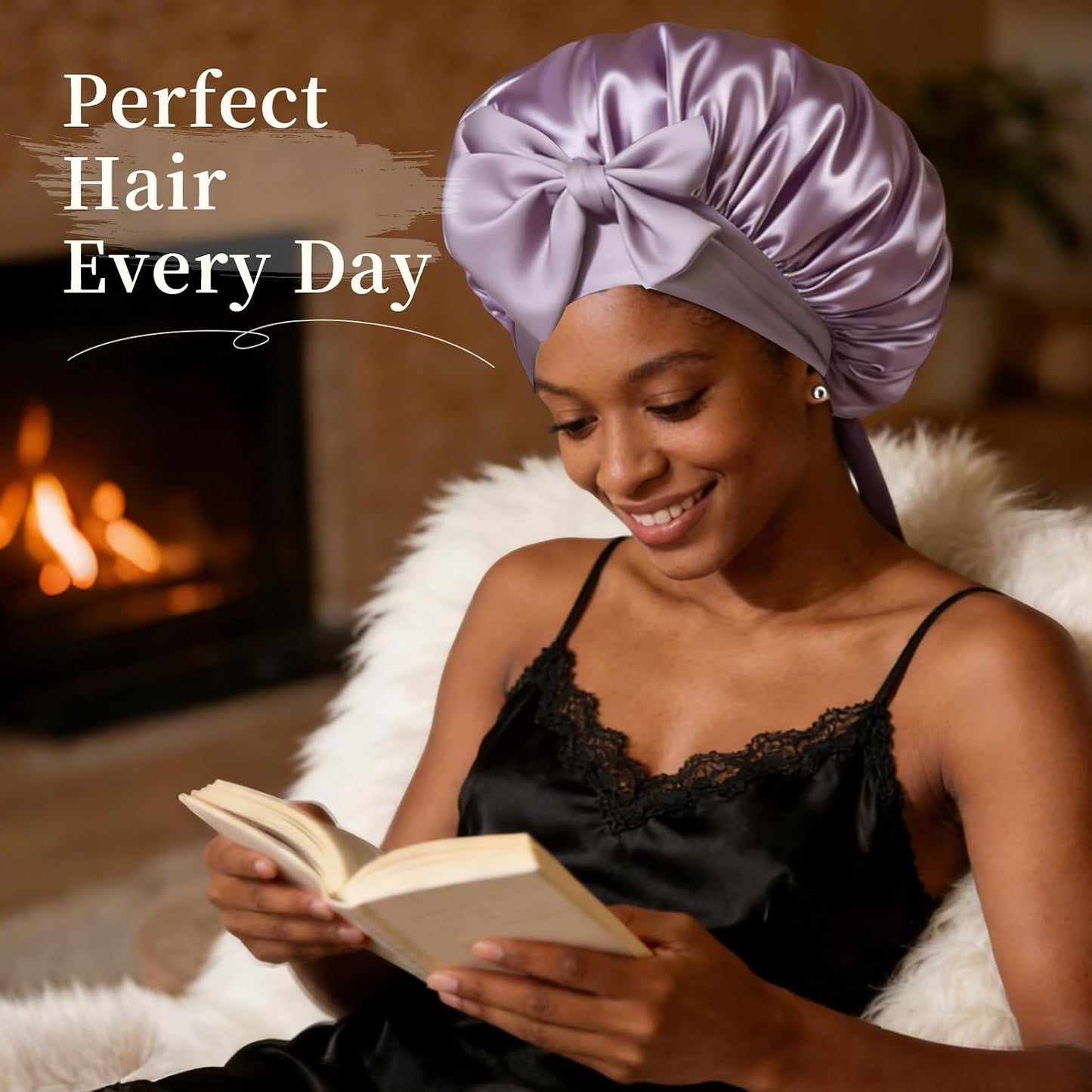 Silk Bonnet Satin Bonnet for Sleeping Large Bonnets with Tie Band Hair Wrap with Adjustable Straps Hair Cap for Women Curly Black