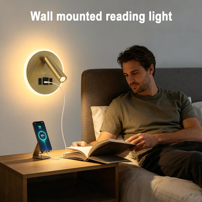 Plug in Wall Lamps for Bedroom Living Room, Wall Mounted Reading Lights with USB C+A Charging Ports, Headboard Lamp 360°Rotation, Wall Mount Lamp with 3 Color Temperature 3W+9W Night Light