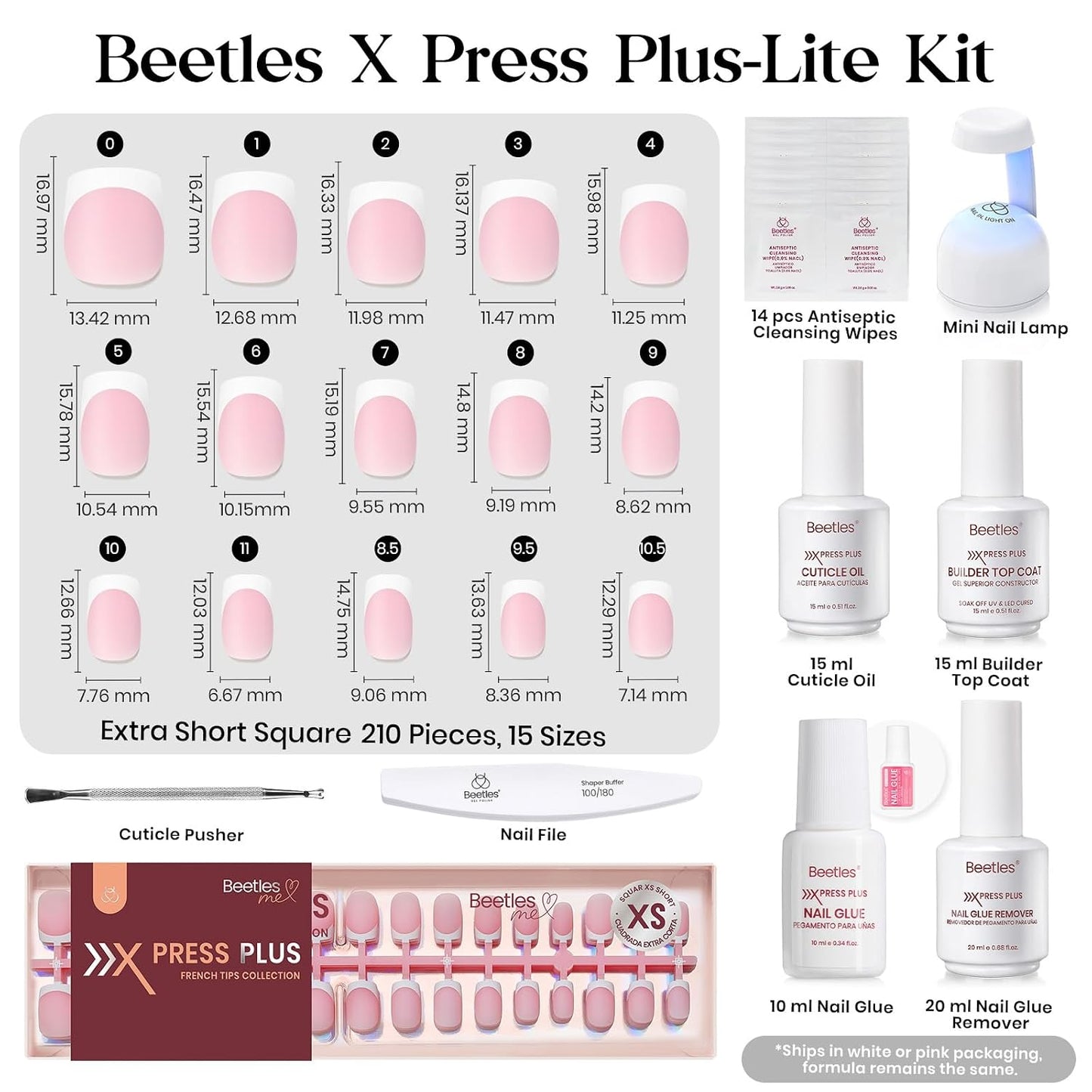 Beetles Press On Nail Kit-Short Square French Tip Press On Nails, 150Pcs Pink French Nail Tips with Nail Glue & Remover Builder Top Coat Nail Lamp, All-in-One DIY Fake Nails Gift for Women
