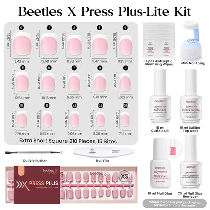 Beetles Press On Nail Kit-Short Square French Tip Press On Nails, 150Pcs Pink French Nail Tips with Nail Glue & Remover Builder Top Coat Nail Lamp, All-in-One DIY Fake Nails Gift for Women