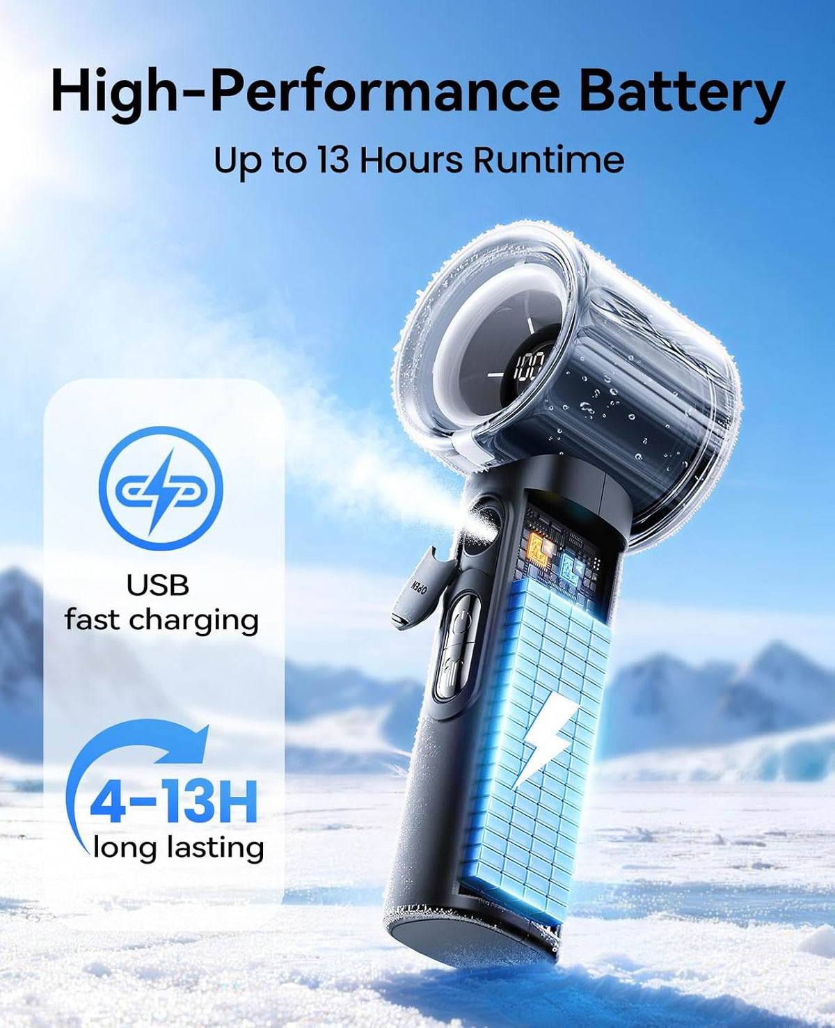KIMMOO Portable Misting Fan, USB Rechargable Handheld Fan with Water Spray Mist, Up to 13 Hrs Cooling, 25000PRM, 100 Speeds, 50ml Water Tank, Personal Turbo Fan for Travel/Makeup/Office/Outdoor, Black