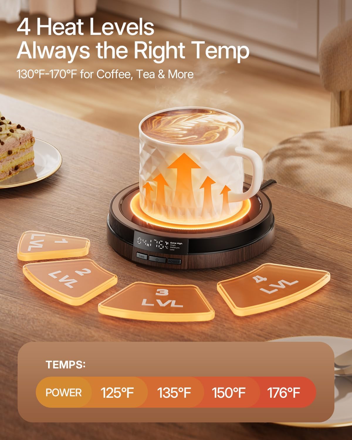 Coffee Mug Warmer for Desk, 50W, Cup Warmer 4 Temps & Timer - Wood