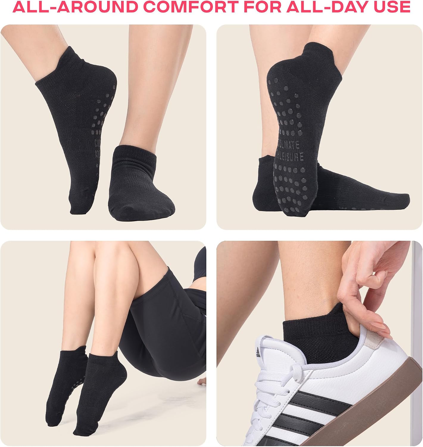 COOLMATE Pilates Socks with Grips for Women, Yoga Socks, Crew Non Slip Women for Barre, Pilates Gifts for Women - Colors B