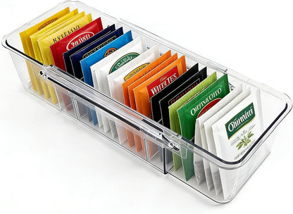 Tea Bag Holder，Expandable Tea Bag Organizer Boxes，Clear Acrylic Tea Bag Storage Bins,Kitchen Utensils for Sugar Packet, Coffee, Condiment for Drawer,Cabinet, Countertop,Pantry,1 Pack