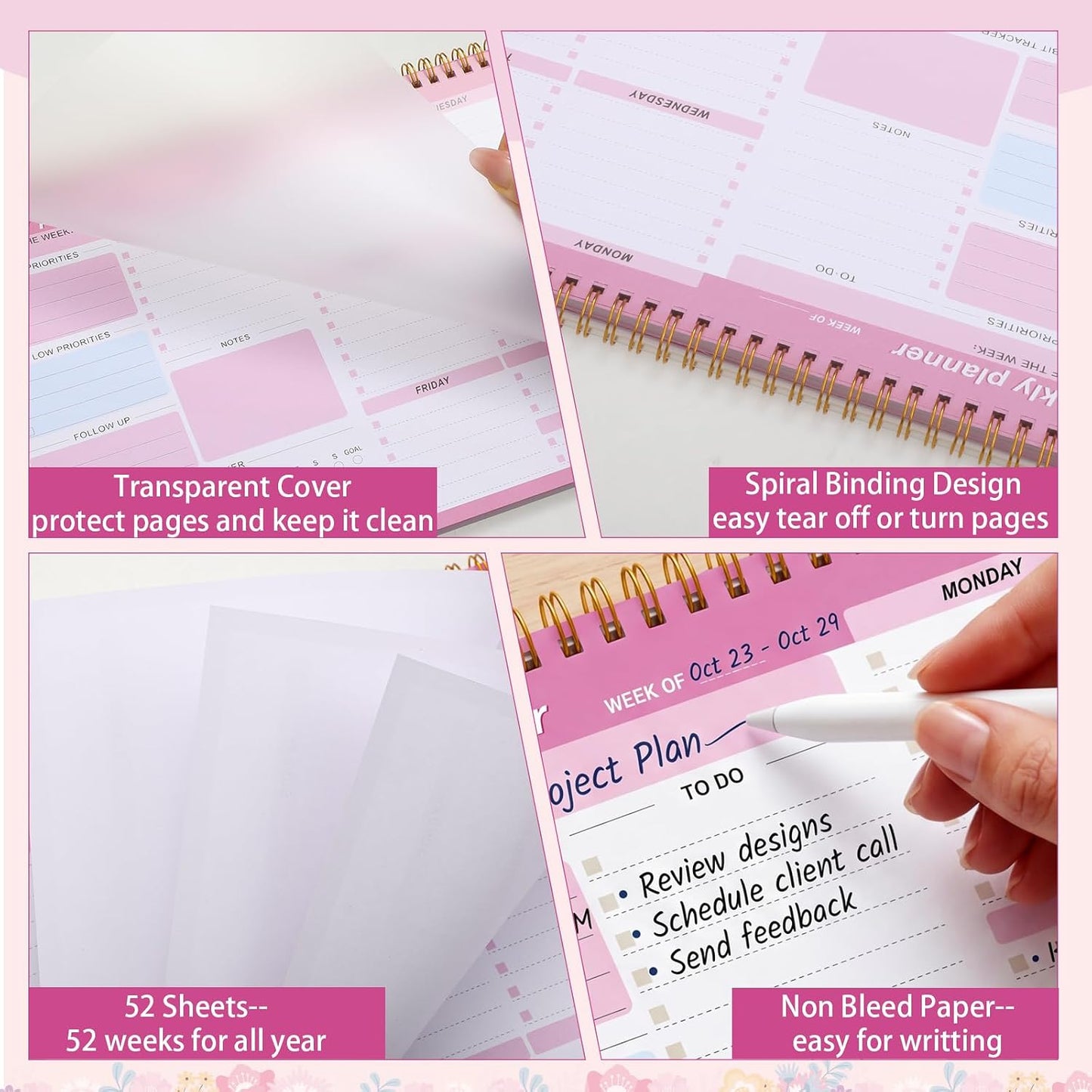 Weekly To Do List Notepad, 8.5''x11'' Weekly Desk Planner with 52 Tear Off Sheets Undated Weekly Planner Habit Tracker & Productivity Organizer for Home and Work, Pink
