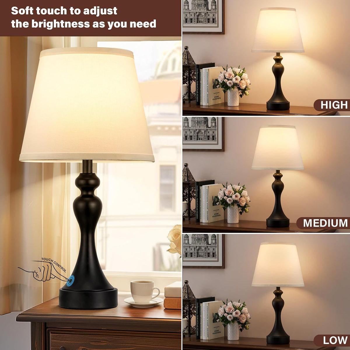 Touch Lamps for Nightstand, 3 Way Dimmable Bedside Lamps with USB C+A Ports