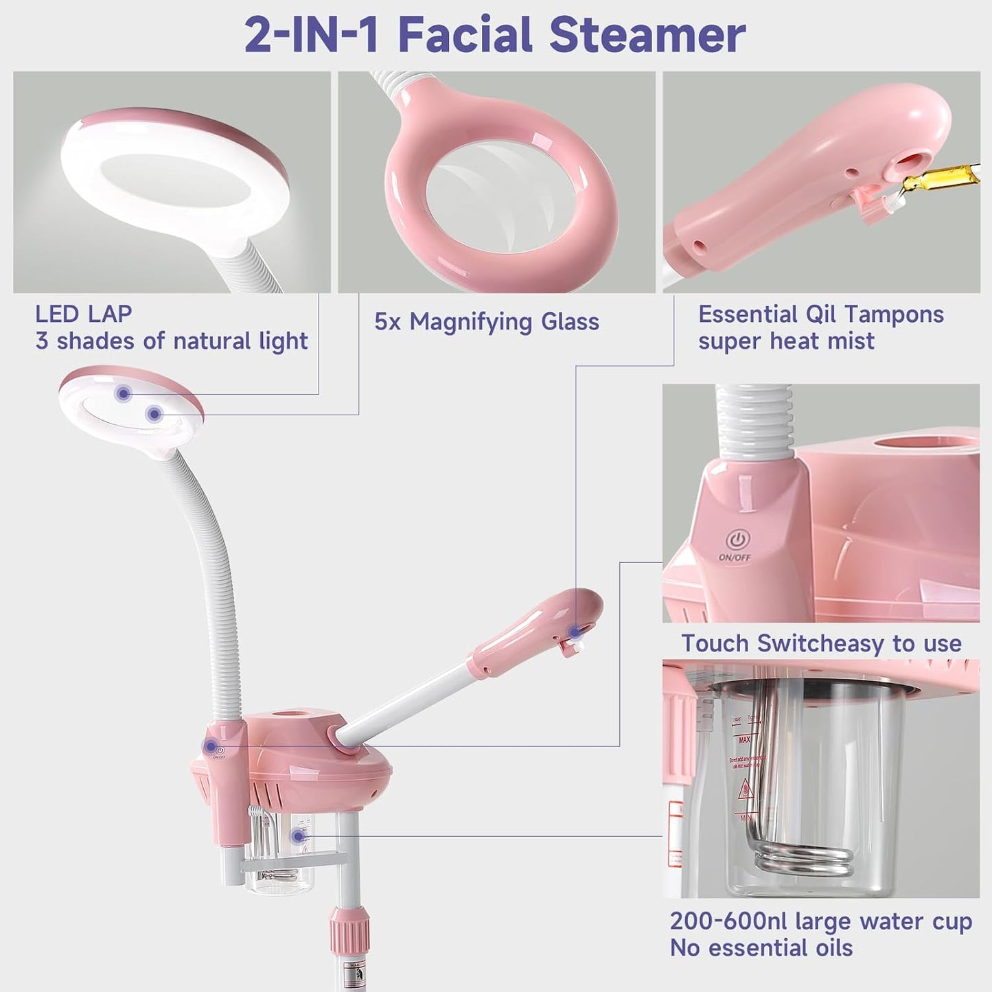 Professional Facial Steamer, Face Steam on Wheels, Estheticians Steamer with More Steam for Moisturizing and Hydration, Adjustable Height and Angle for Spa Beauty, Home Use, Pink