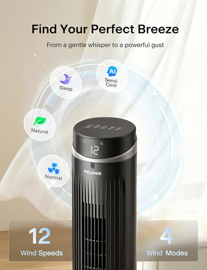 PELONIS 40 inch Bladeless Tower Fan for Bedroom, Standing Fan with Remote Control, 26ft/s, 90° Oscillation, 3 Speed Settings, 27dB, 3 Modes, 15-Hour Timer, LED Display, Fan that Blows Cold Air, White