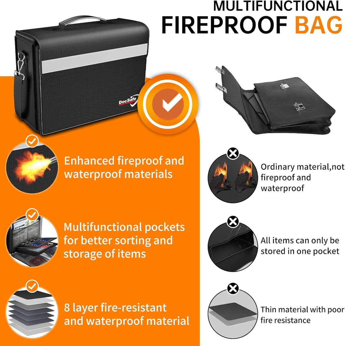 DocSafe Fireproof Document Bag with Multiple Pockets,5200°F Large (17”x12.5”x7.2”) File Organizer Fireproof Waterproof Bag Important Document Holder Home Office Portable Filing Storage for Valuables