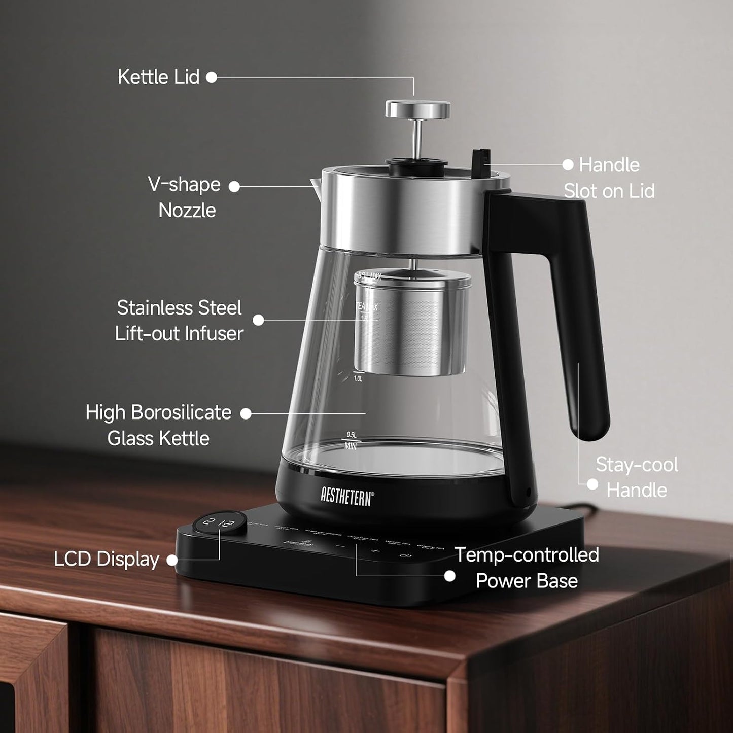 Electric Tea Kettle with Infuser 1.7L Glass Electric Kettle with Temperature Control 175°F Min Temp Automatic Shut Off 12H Keep Warm for Tea Coffee Water Heater, Black