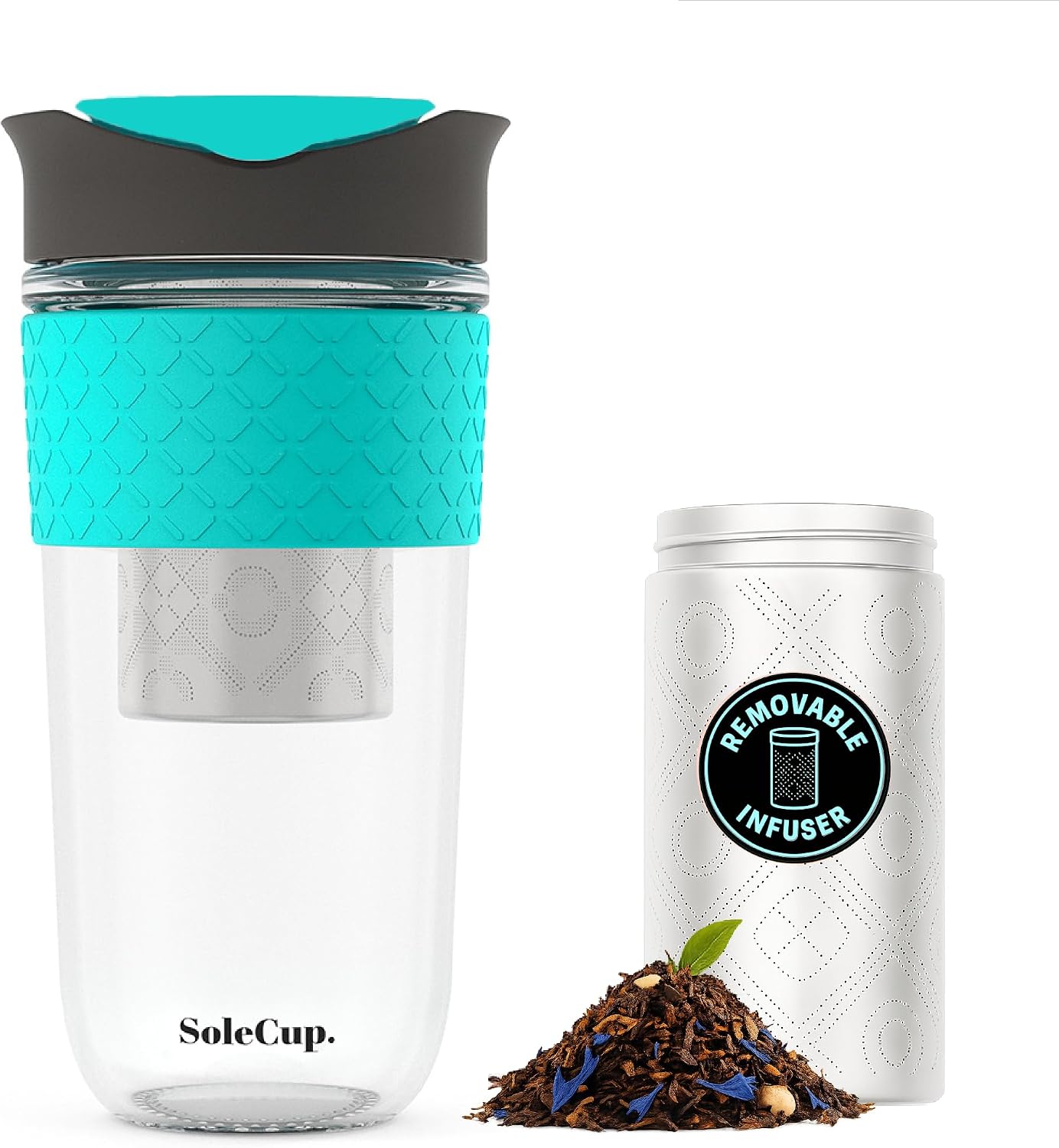 Large Travel Mug Loose Tea Infuser - Detachable Tea Strainer with Spill Proof Lid - 18oz/530ml BPA-Free Reusable Glass Travel Coffee Cup with Silicone Band (Ice Cream, 18oz)