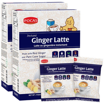 Pocas Ginger Latte Instant Tea, Ginger Extract Blended with Non-Dairy Creamer, Pure Cane Sugar, and Real Milk, 20 Packets per Box