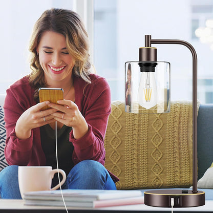 Set of 2 Industrial Touch Control Table Lamps with USB C+A Ports and AC Outlet - 3-Way Dimmable Black Bedside Lamps Nightstand Desk Lamps for Bedroom Living Room, Glass Shade & 2 LED Bulbs Included