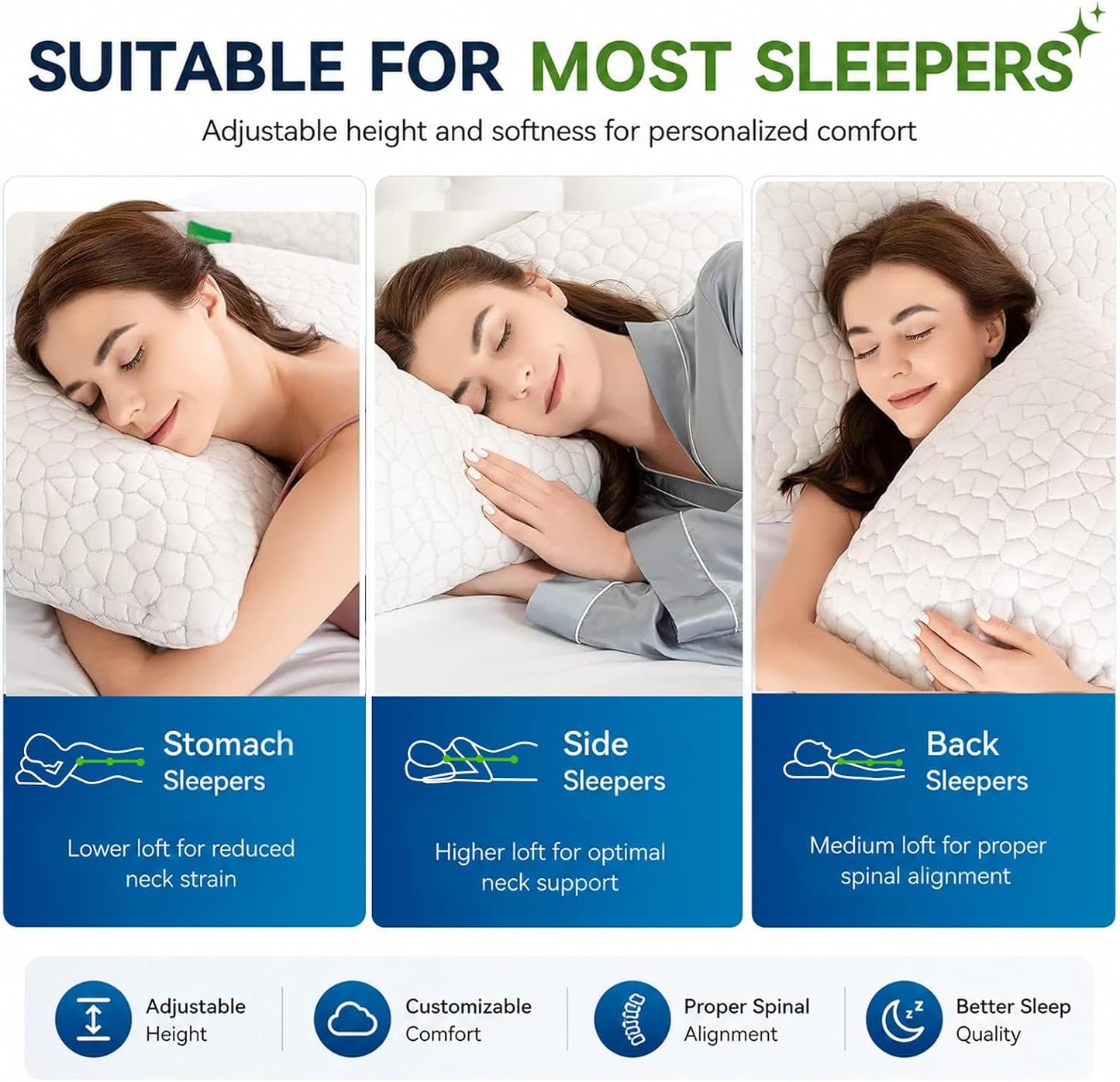 SUPA MODERN Cooling Pillow Queen Size Set of 2, CertiPUR-US Shredded Memory Foam Pillows for Sleeping, Cool Bed Pillows for Hot Sleepers, Adjustable Firm Pillow for Side,Back,Stomach Sleepers