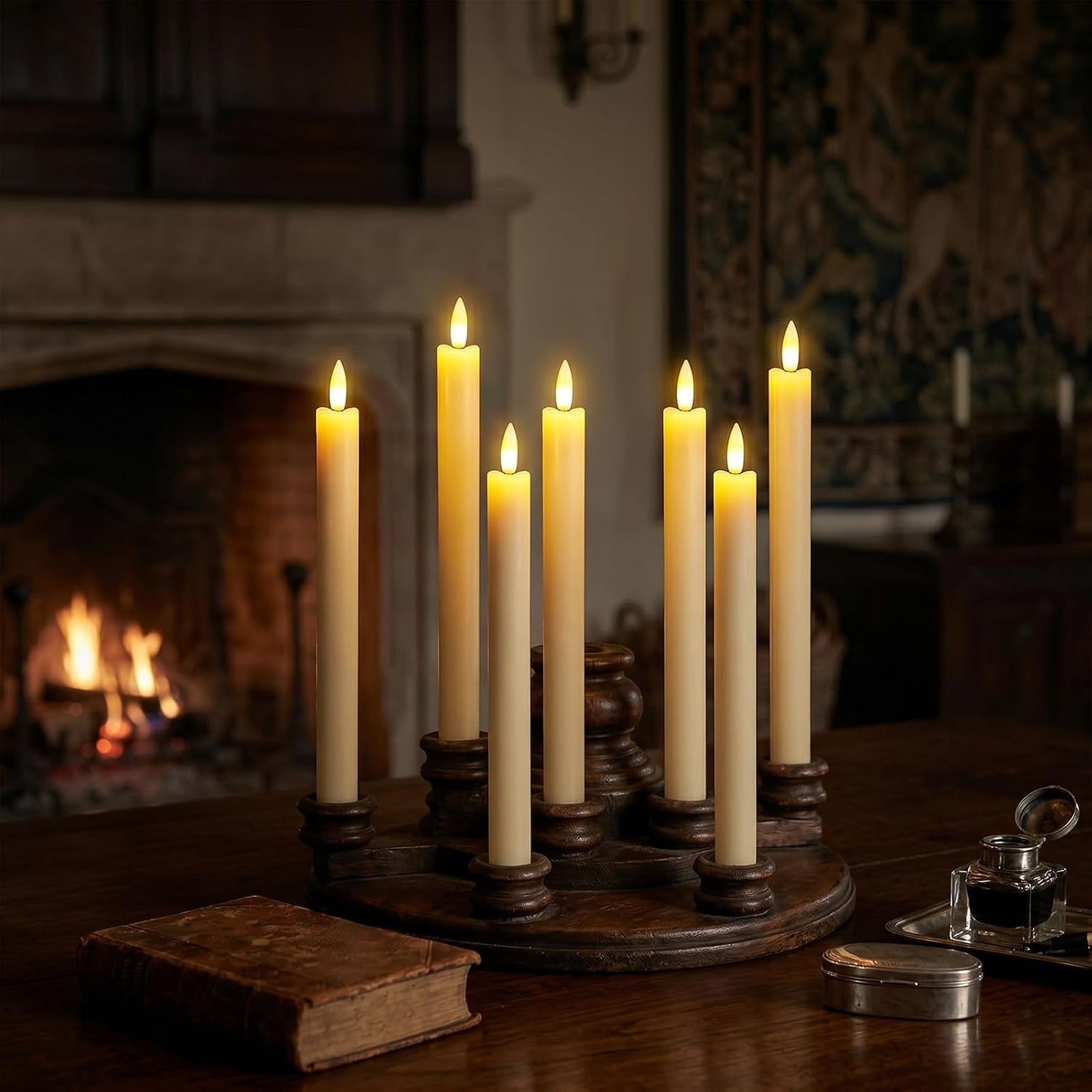 GenSwin Flameless Ivory Taper Candles Flickering with 10-Key Remote, Battery Operated Led Warm 3D Wick Light Window Candles Real Wax Pack of 6, Christmas Home Wedding Decor(0.78 X 9.64 Inch)