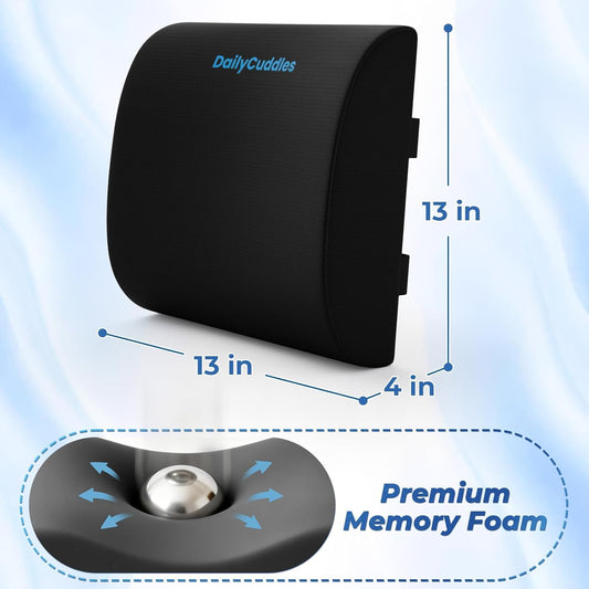Lumbar Support Pillow for Office Chair Back Support - Memory Foam Lumbar Pillow for Car or Gaming Chair, Ergonomic Back Cushion with Adjustable Strap for Long-Hour Sitting (Black)