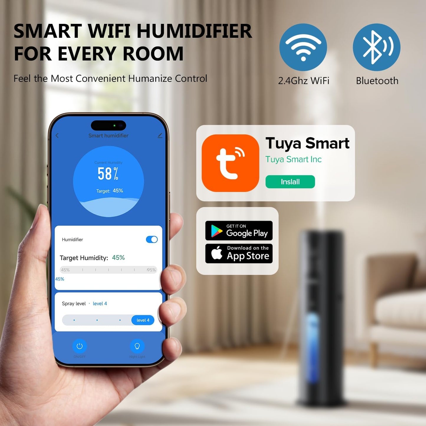 Humidifiers for Bedroom Large Room Humidifiers for Home,7L/1.85Gal Large Humidifier with Smart App & Remote Control, 4 Mist Levels Cool Mist Humidifiers Black