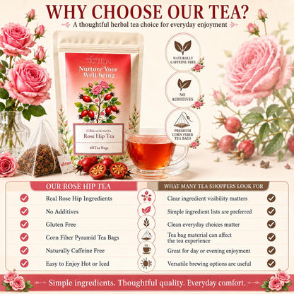 WOTIHA Rosehip Herbal Tea Bags, Caffeine-Free, 60 Count