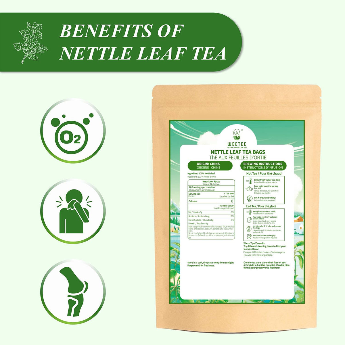 WT WEETEE Nettle Leaf Tea Bags 100 Count, Caffeine-free for Season Changes