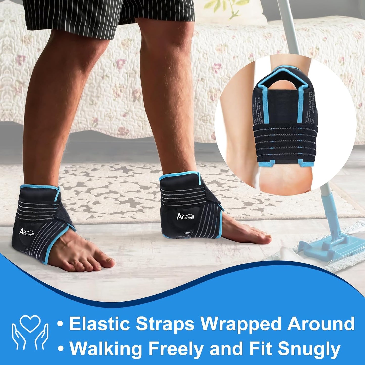 Atsuwell Ankle Ice Pack Wrap 2 Packs, Ankle Ice Wraps Flexible Gel Cold Pack for Foot Heel, Cold Compress Therapy for Soothing Discomfort, Black
