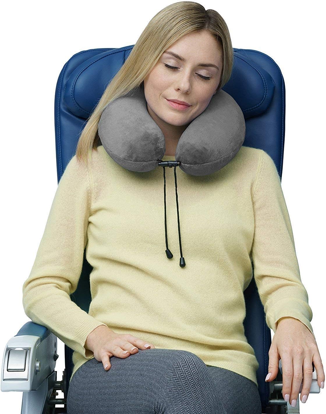 travelrest Sleep Neck Pillow Travel - Travel Essentials, Memory Foam, Neck Support Pillow for Long Flight, Plane Sleeping Accessories, Anti-Slip and Comfortable, Washable, Attaches to Luggage - Gray