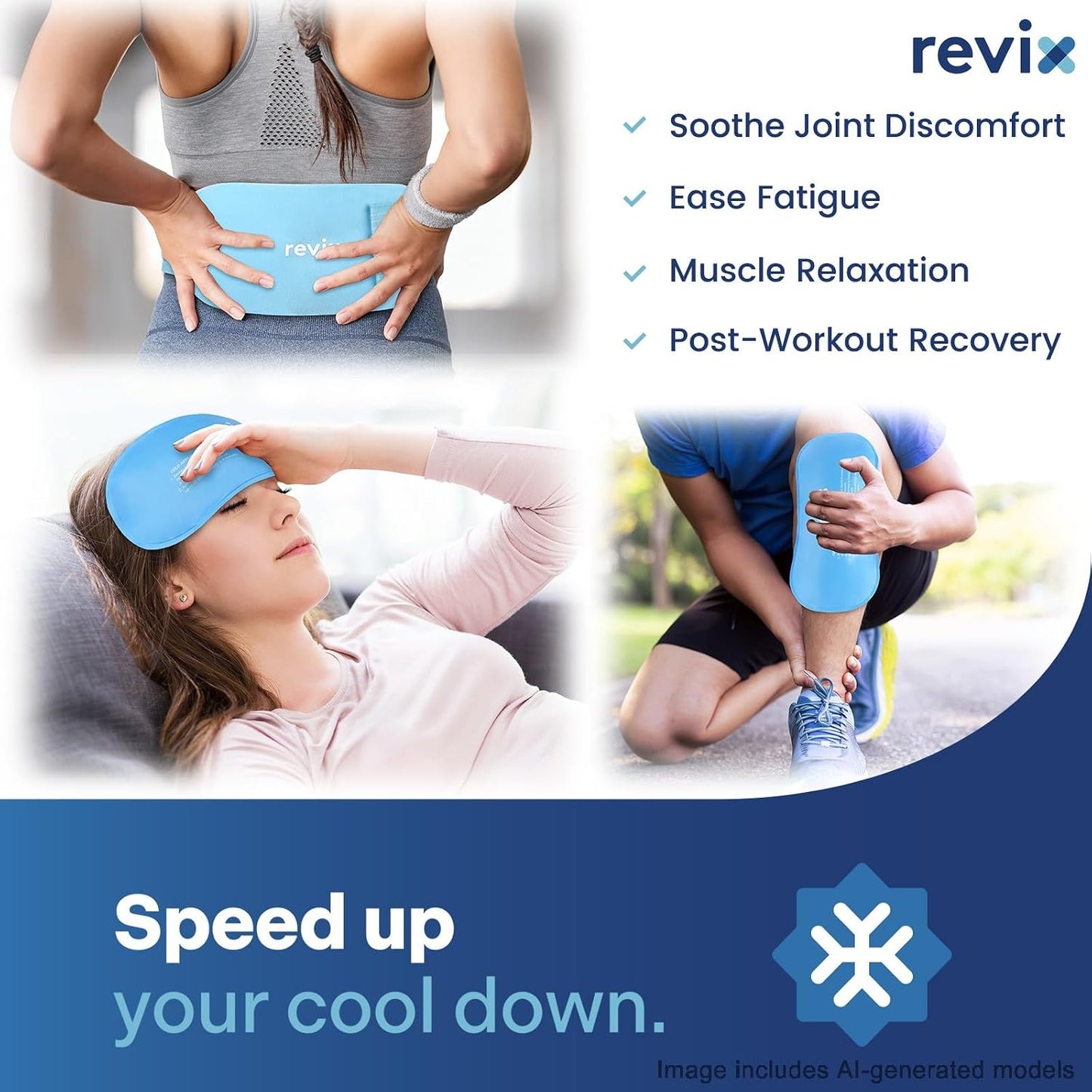 REVIX Ice Packs for Injuries Reusable, 2 Packs Hot and Cold Pack with Adjustable Strap, Flexible Ice Wraps for Joints and Muscle, Rotator Cuff, Back, Knee Discomfort Relief (10" x 5" Blue)