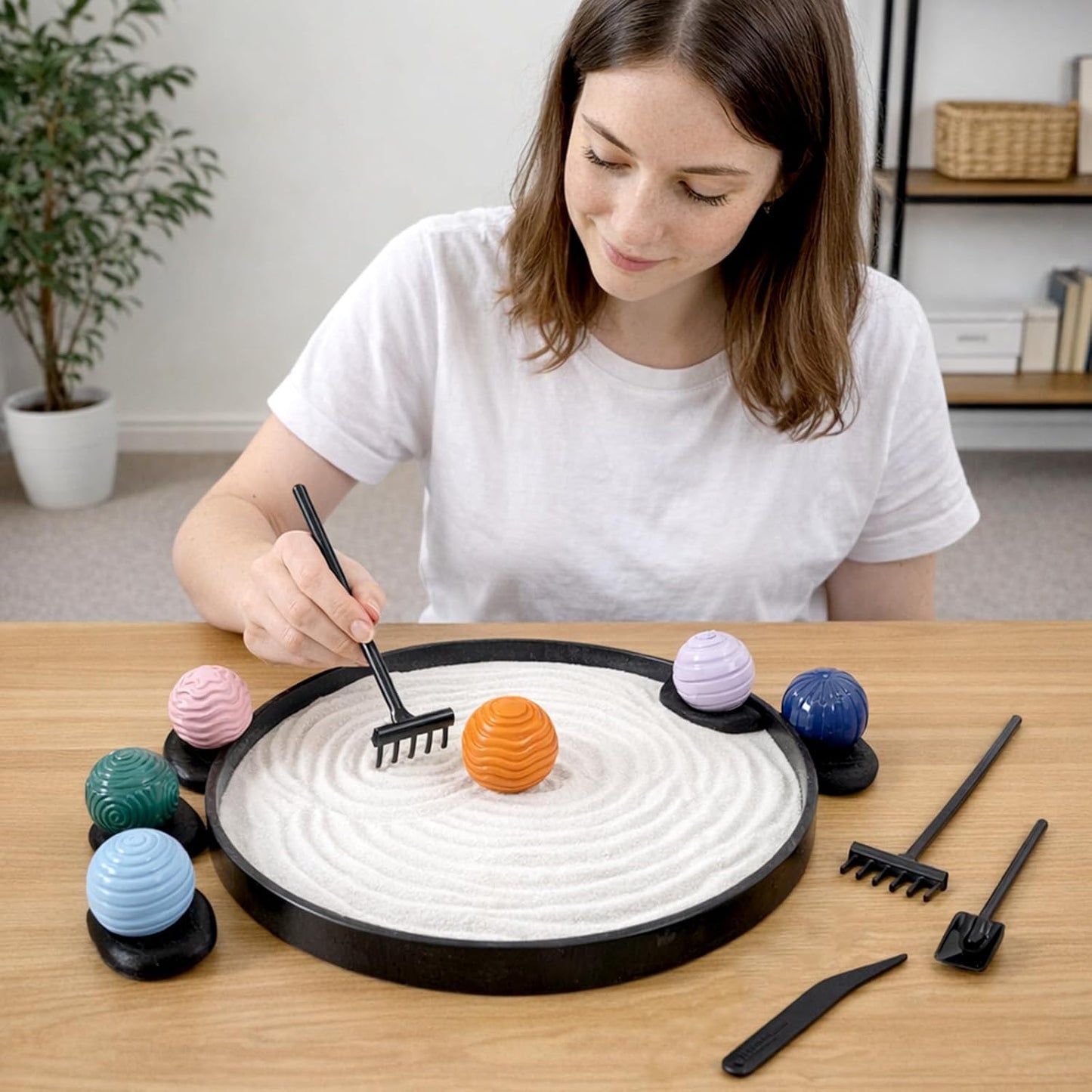 Wowagoga Desk Zen Garden Kit with 6 Textured Sensory Balls, Sand & Tools, Mini Meditation Set for Stress Relief and Desktop Decor