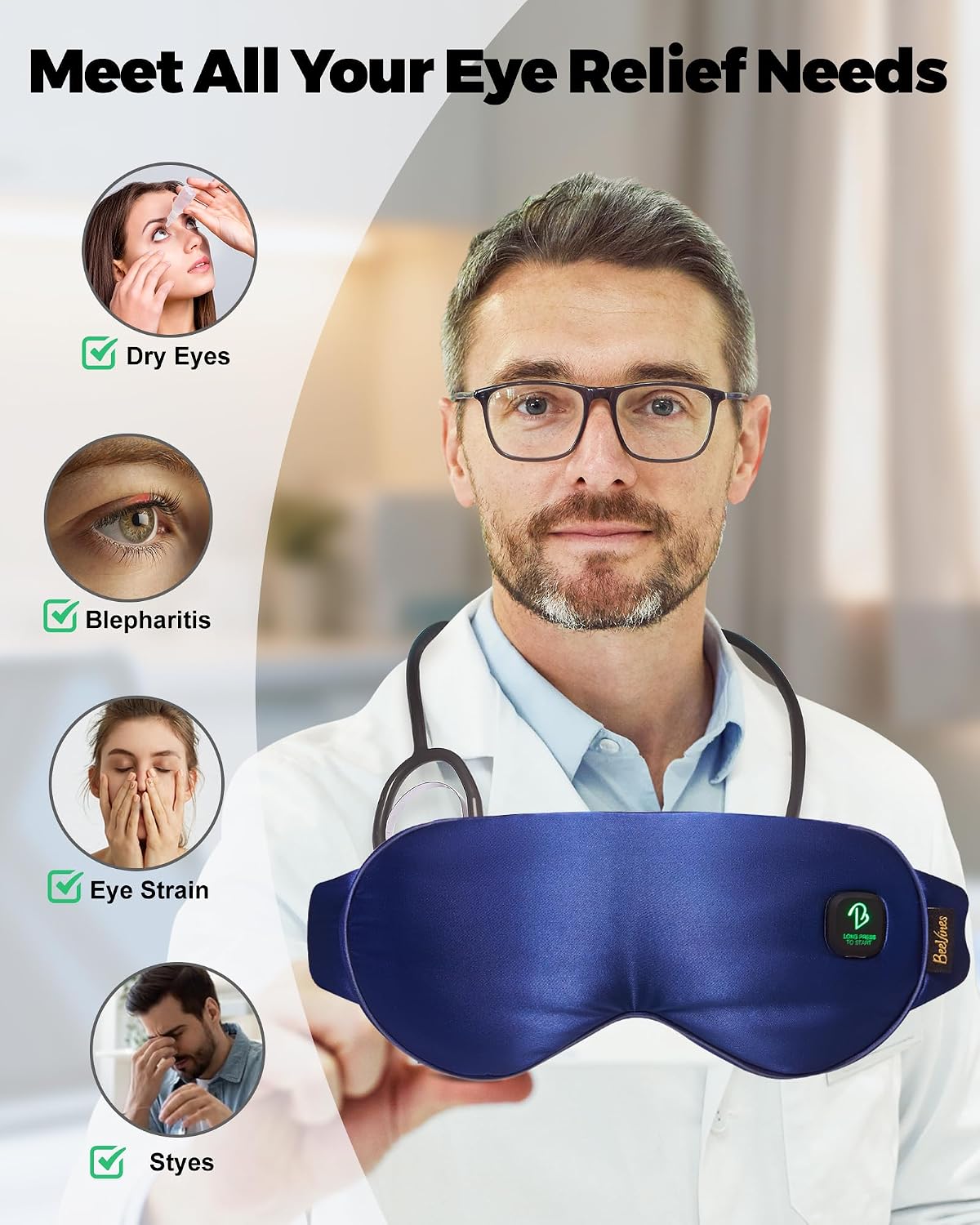BeeVines Cordless Heated Eye Mask for Dry Eyes, Washable Eye Masks (Blue)