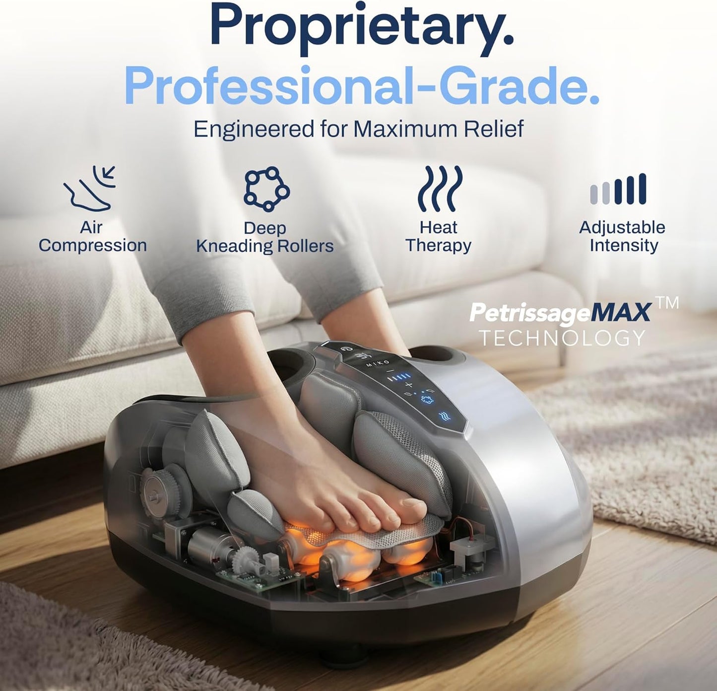 MIKO Foot Massager Machine with Deep-Kneading, Compression, Shiatsu, and Heat for Plantar Fasciitis, Neuropathy - Fits up to Men Size 12