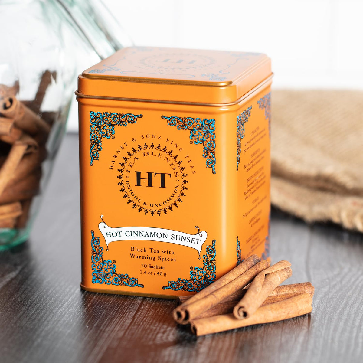Harney and Sons Caffeinated Hot Cinnamon Sunset Black Tea with Orange and Cloves Tin 20 Sachets, Black Tea with Warming Spices (Pack of 1)