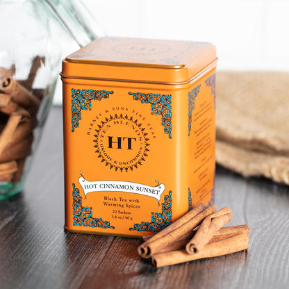 Harney and Sons Caffeinated Hot Cinnamon Sunset Black Tea with Orange and Cloves Tin 20 Sachets, Black Tea with Warming Spices (Pack of 1)