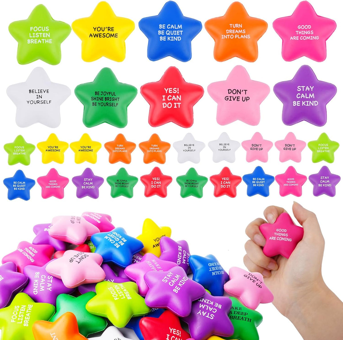 SHQDD 12PCS Bulk Star Stress Balls for Adults & Kids - Motivational Quotes Soft Foam Stress Relief Squeeze Toys, Fidget Anxiety & Anger Relief at Work/School/Home, Perfect Party Favors (Multi-Color)