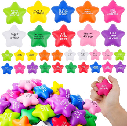 SHQDD 12PCS Bulk Star Stress Balls for Adults & Kids - Motivational Quotes Soft Foam Stress Relief Squeeze Toys, Fidget Anxiety & Anger Relief at Work/School/Home, Perfect Party Favors (Multi-Color)