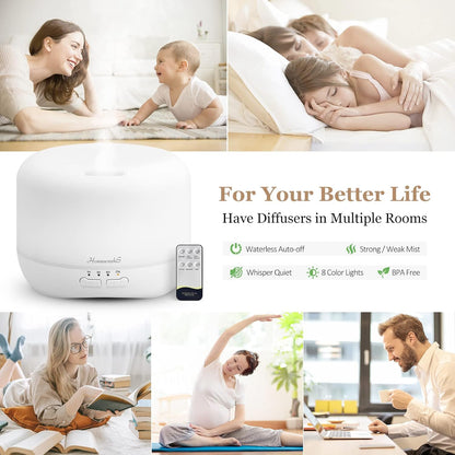 Homeweeks 300ml Essential Oil Diffuser, Quiet Aromatherapy Mist Diffusers for Essential Oils, Wood Grain, Ultrasonic, Remote Control, Timer, 7 Colors Light for Bedroom (300ml)