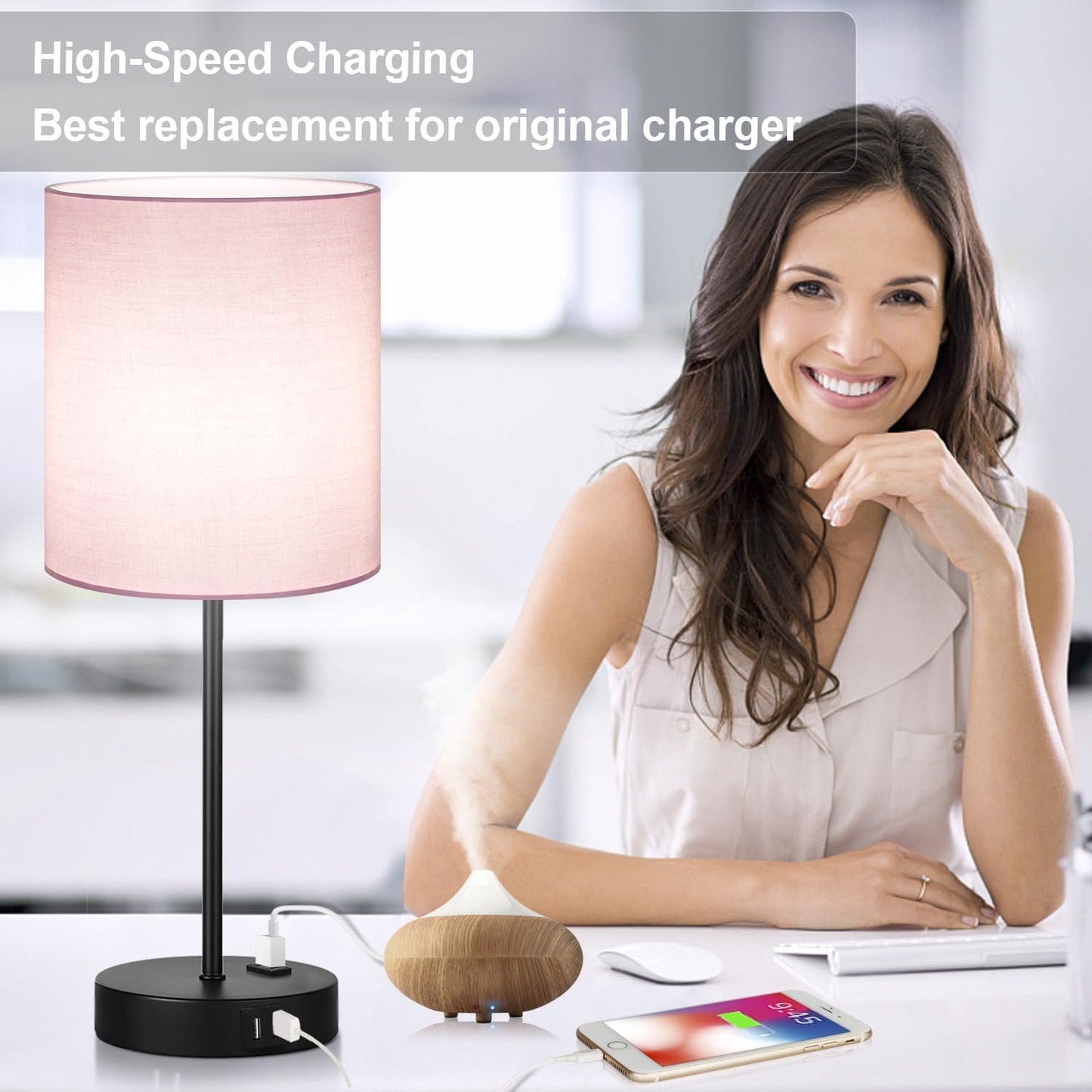 Set of 2 Touch Control Table Lamps with 2 USB & AC Outlet, 3-Way Dimmable Bedside Nightstand Lamps for Bedroom Living Room Nursery, 800 Lumens 5000K Daylight Bulbs Included