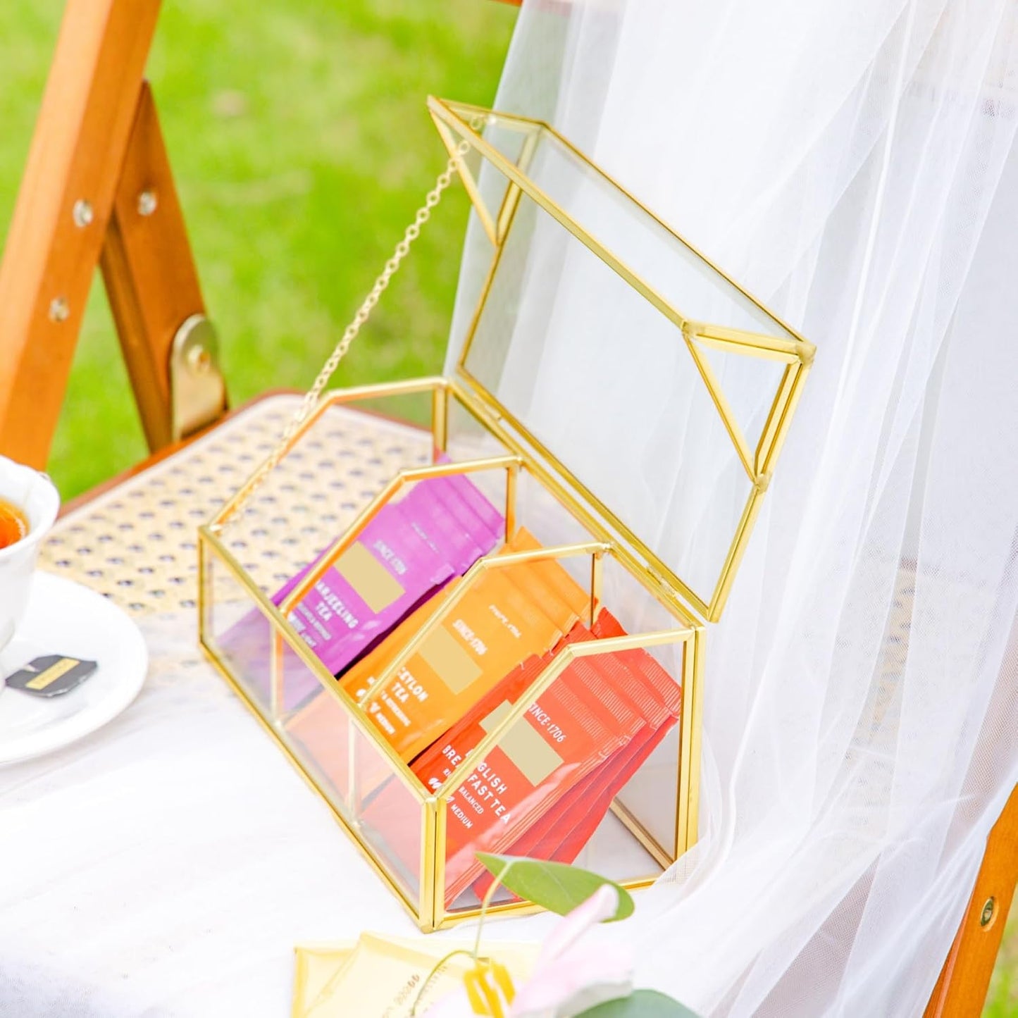 NCYP Glass Tea Bags Organizer with 5 Grids Compartments, Indoor Counter Top Brass Display Case with Lid, Storage Box, Gold, Decor, Teabag Storage, 14.5 x 3.6 x 3.66 Inches (Glass Box Only)