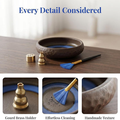 6 Inch Incense Holder with Ash Catcher,Handmade Crack Blue Glaze Ceramic Incense Burner Bowl with 9-Hole Design for Sticks,Cones,Coils Sage,Palo Santo - Perfect for Meditation,Yoga & Zen Home Décor