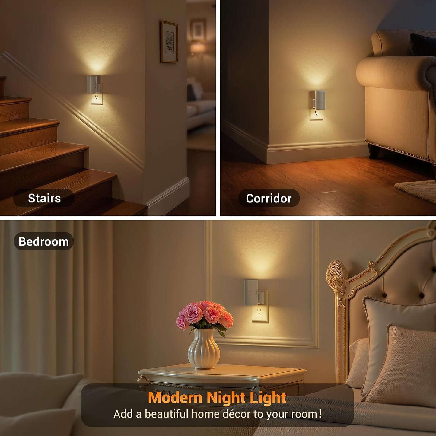 Amber Night Lights Plug into Wall, Dimmable Night Light Plug in, Modern Night Lights Auto On/Off, Amber Night Light 2000K, 0-100LM Adjustable Brightness Nightlight for Hallway Bedroom, 2 Pack