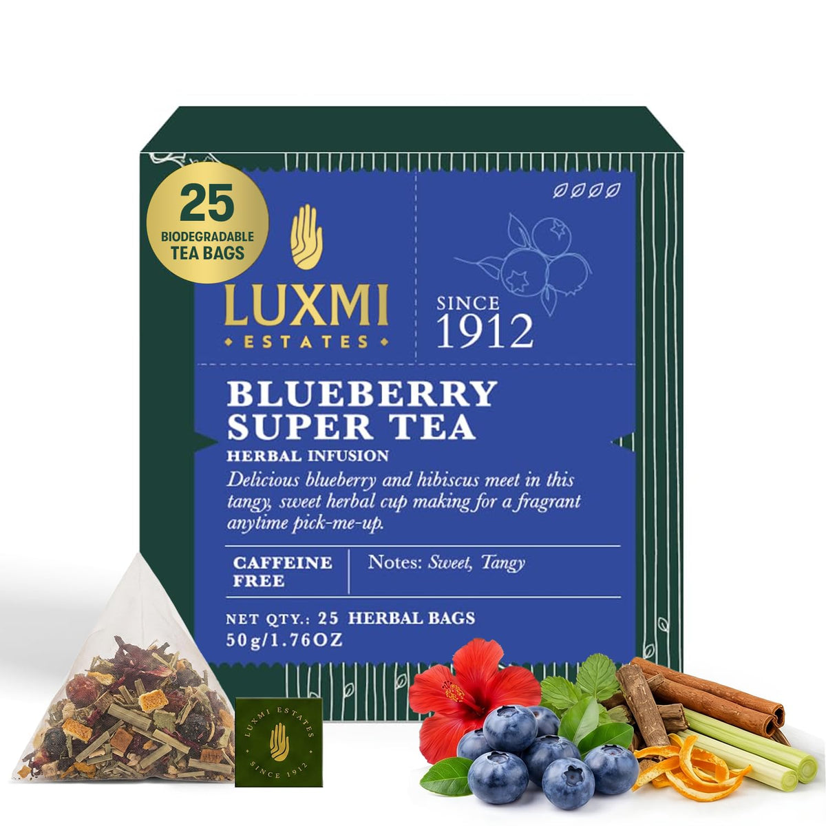 Luxmi Estates Blueberry Super Herbal Tea, 25 Tea Bags (50g, 1.76oz) | Caffeine-Free Fruit Herbal Infusion with Real Blueberry Bits, Hibiscus, Rosehips, Lemongrass, Orange Peel, Licorice, Lemon Balm & Cinnamon