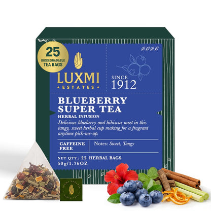 Luxmi Estates Blueberry Super Herbal Tea, 25 Tea Bags (50g, 1.76oz) | Caffeine-Free Fruit Herbal Infusion with Real Blueberry Bits, Hibiscus, Rosehips, Lemongrass, Orange Peel, Licorice, Lemon Balm & Cinnamon