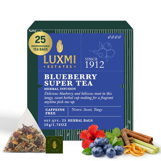 Luxmi Estates Blueberry Super Herbal Tea, 25 Tea Bags (50g, 1.76oz) | Caffeine-Free Fruit Herbal Infusion with Real Blueberry Bits, Hibiscus, Rosehips, Lemongrass, Orange Peel, Licorice, Lemon Balm & Cinnamon